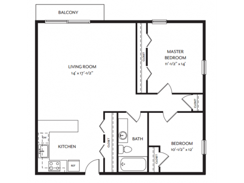 Floor plan for 2 beds, 1 bath, 899 sqft